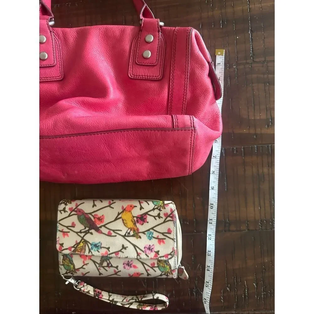Vintage fossil pink leather satchel tote wallet birds Marlow - Picture 14 of 16